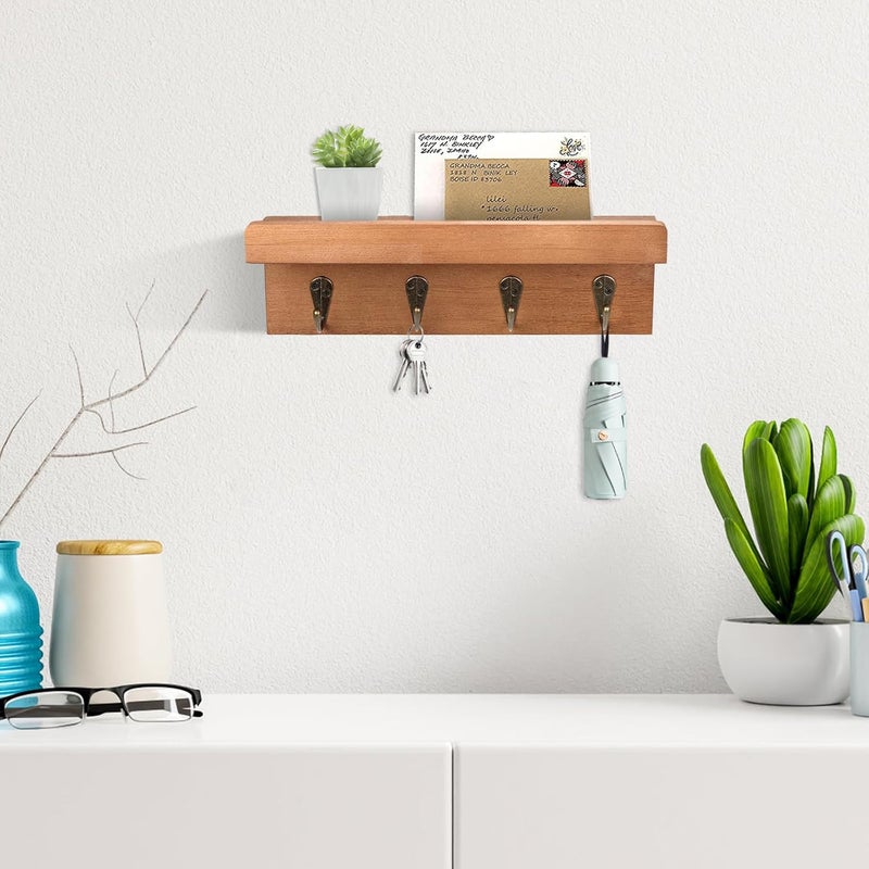 HRONRAD Rustic Key Holder for Wall, Farmhouse Wall Shelf with 4 Hooks, Wall Mounted Key Racks, Wooden Mail Organizer with Hooks for Entryway (Brown - Oak) - Image 2